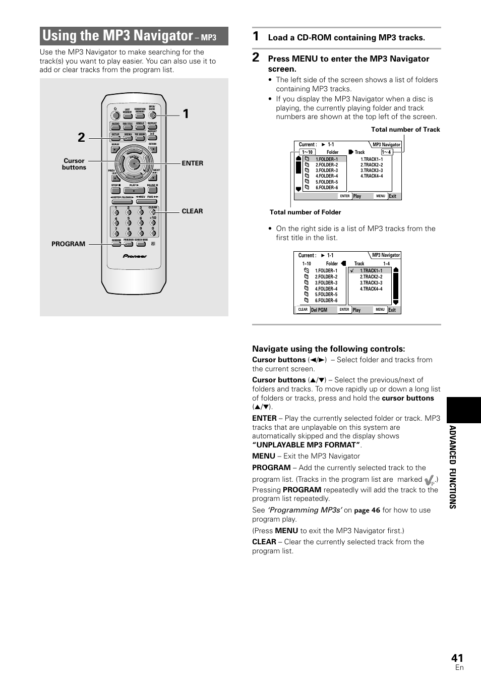 Using the mp3 navigator, Adv anced functions, Load a cd-rom containing mp3 tracks | Press menu to enter the mp3 navigator screen, Navigate using the following controls, Programming mp3s | Pioneer DV-440 User Manual | Page 41 / 64