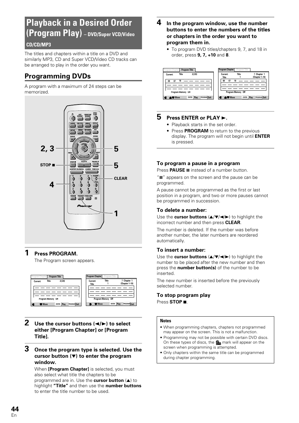 Playback in a desired order, Program play), Playback in a desired order (program play) | Programming dvds, Press program, Press enter or play 3, Dvd/super vcd/video cd/cd/mp3, The program screen appears | Pioneer DV-440 User Manual | Page 44 / 64