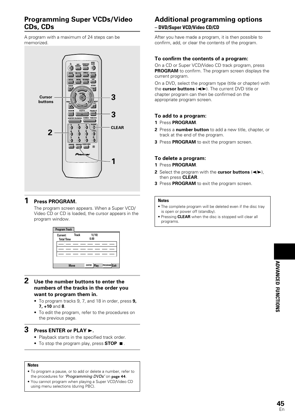 Additional programming options, Programming super vcds/video cds, cds, Adv anced functions | Press program, Press enter or play 3, Dvd/super vcd/video cd/cd | Pioneer DV-440 User Manual | Page 45 / 64