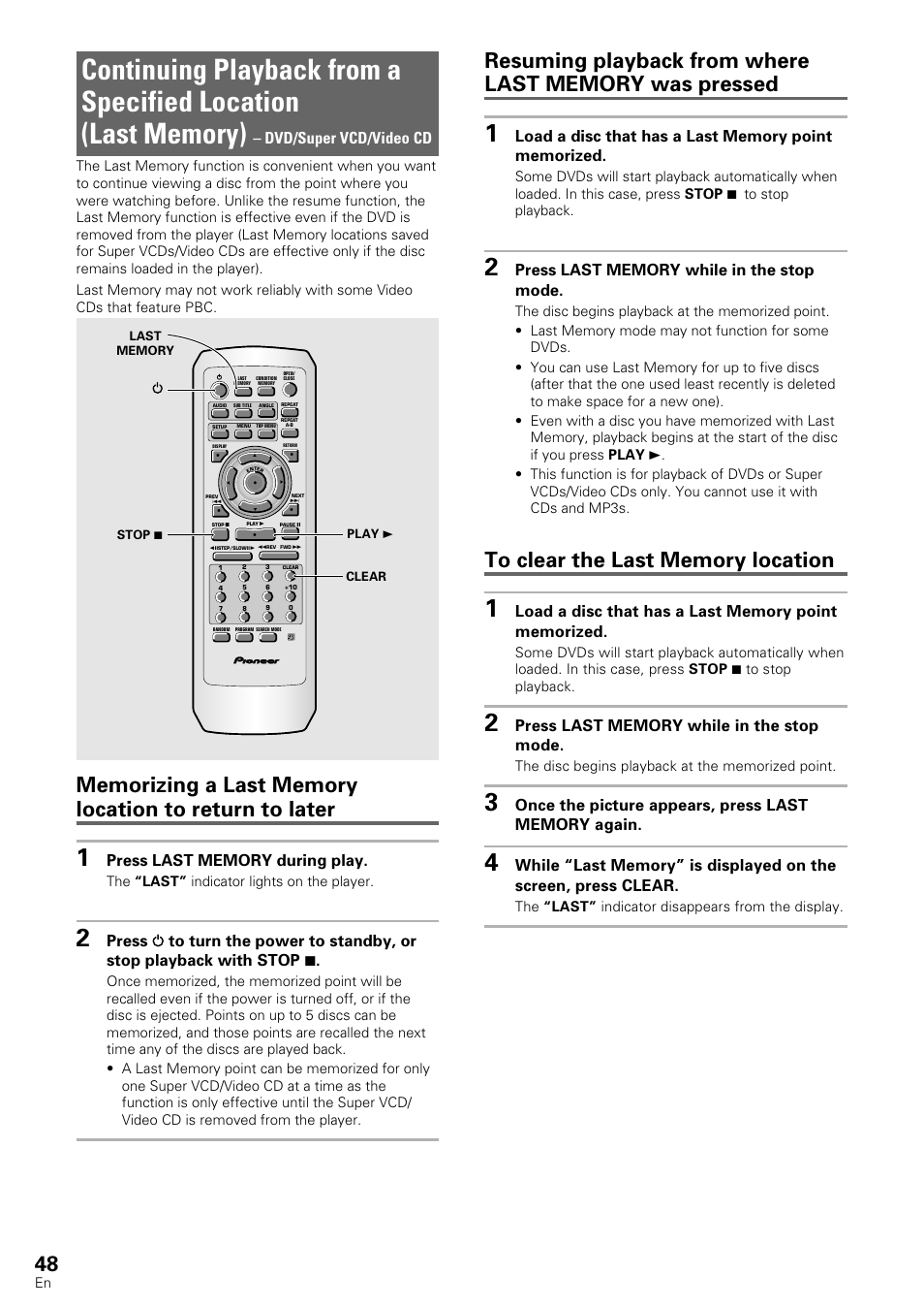 Continuing playback from a specified location, Last memory), Dvd/super vcd/video cd | The “last” indicator lights on the player, The “last” indicator disappears from the display | Pioneer DV-440 User Manual | Page 48 / 64