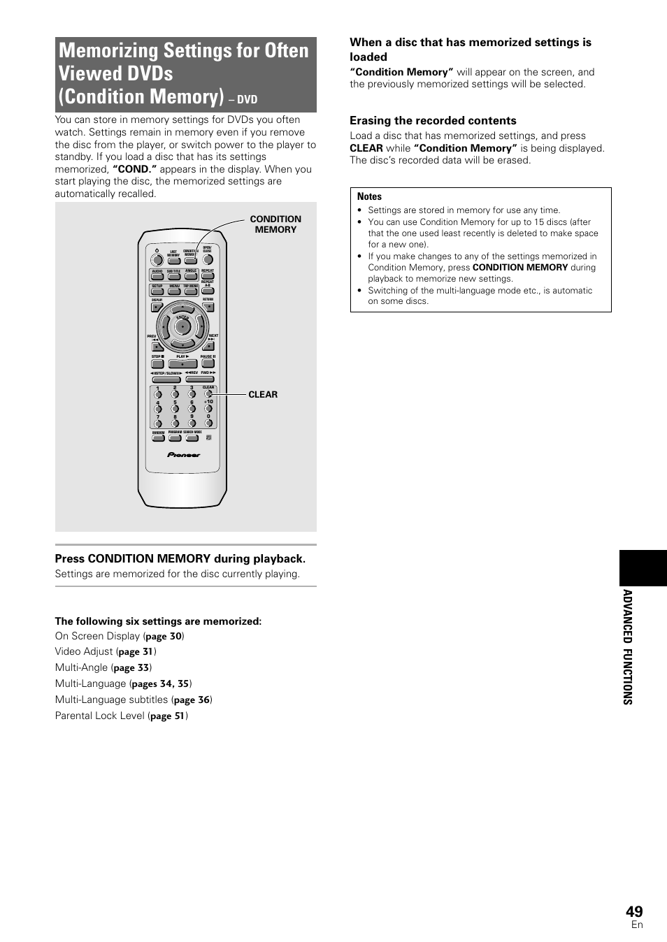Memorizing settings for often viewed dvds, Condition memory), Adv anced functions | Erasing the recorded contents | Pioneer DV-440 User Manual | Page 49 / 64