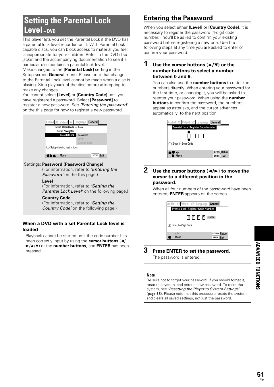 Setting the parental lock level, Entering the password | Pioneer DV-440 User Manual | Page 51 / 64