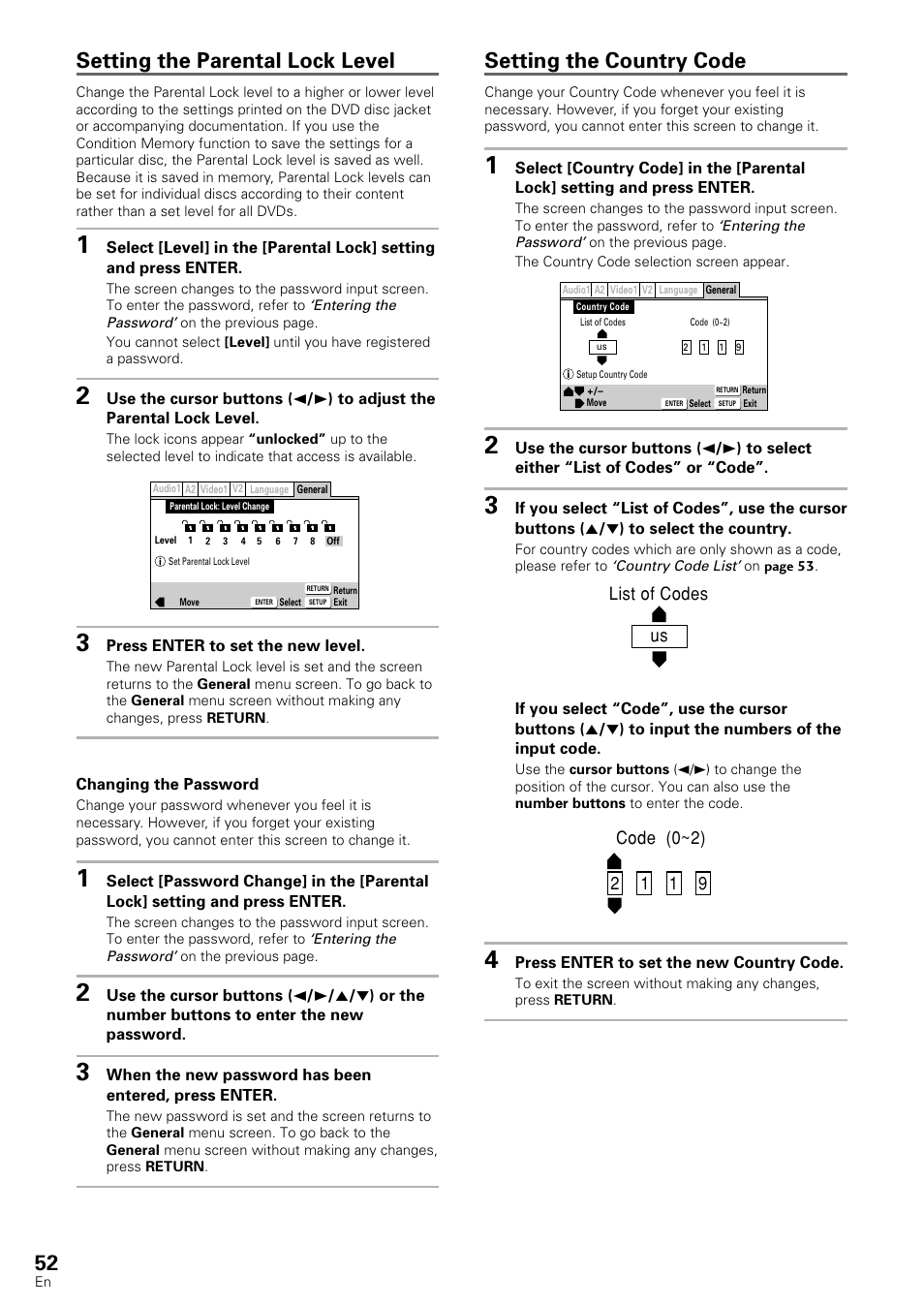 Setting the parental lock level, Setting the country code | Pioneer DV-440 User Manual | Page 52 / 64