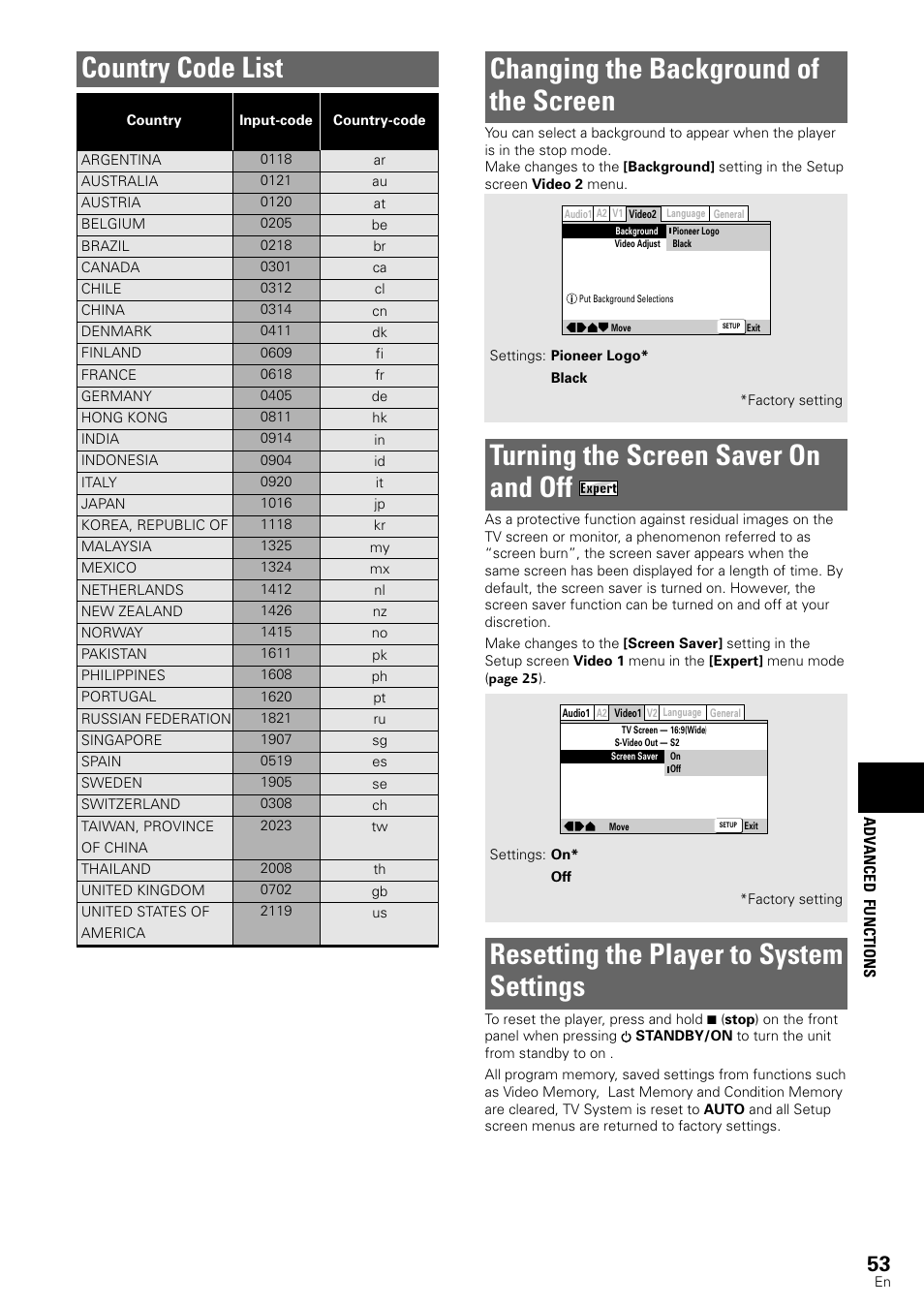 Changing the background of the screen, Turning the screen saver on and off, Resetting the player to system settings | Country code list | Pioneer DV-440 User Manual | Page 53 / 64