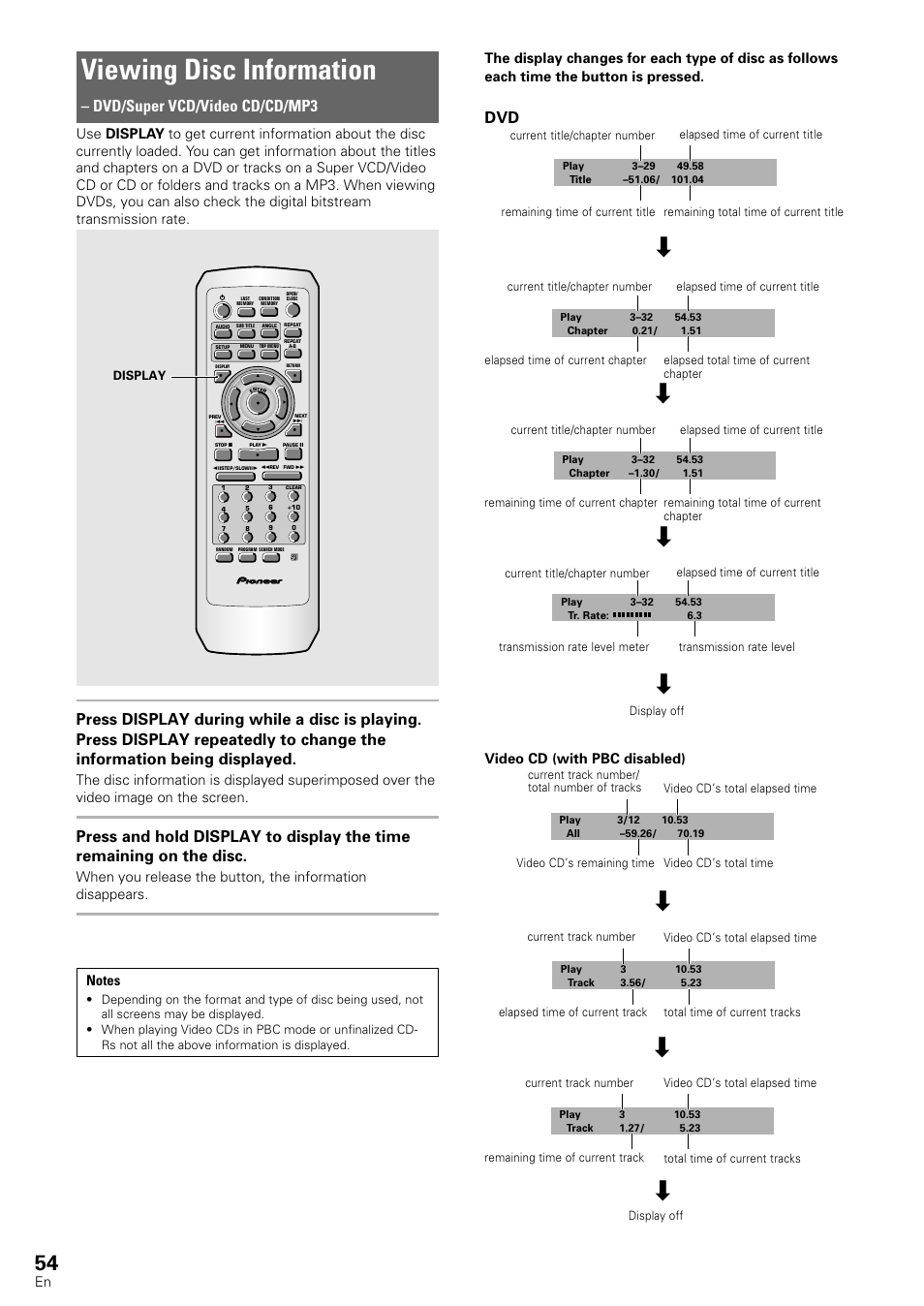 Viewing disc information, Dvd/super vcd/video cd/cd/mp3, Video cd (with pbc disabled) | Pioneer DV-440 User Manual | Page 54 / 64