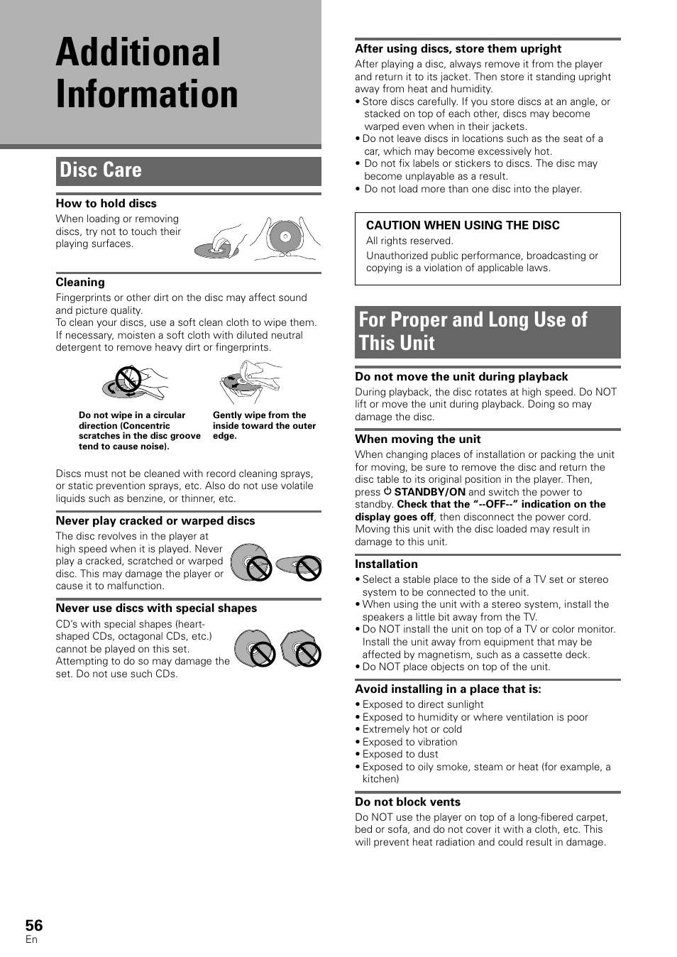 Additional information, Disc care for proper and long use of this unit, Disc care | For proper and long use of this unit | Pioneer DV-440 User Manual | Page 56 / 64