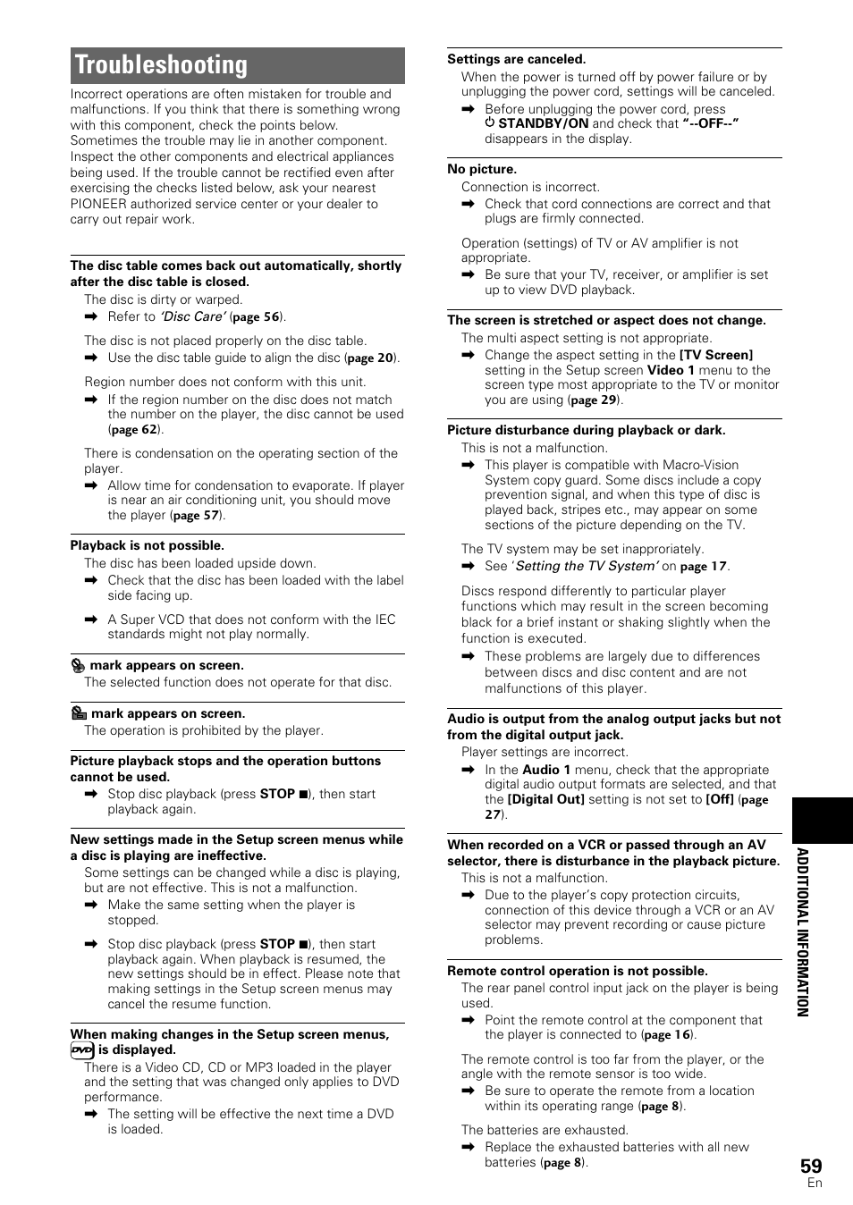 Troubleshooting | Pioneer DV-440 User Manual | Page 59 / 64