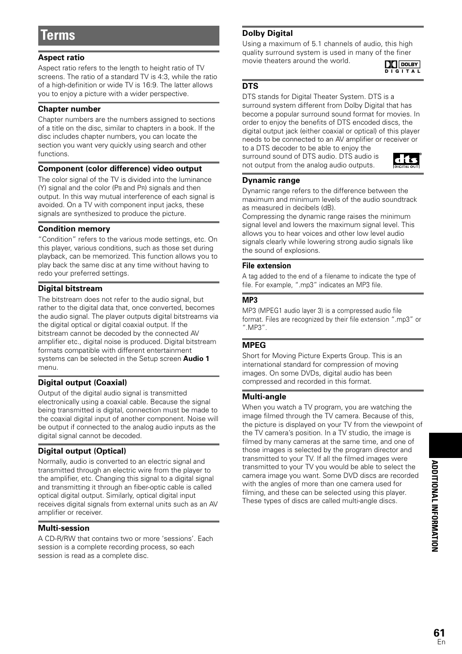 Terms | Pioneer DV-440 User Manual | Page 61 / 64