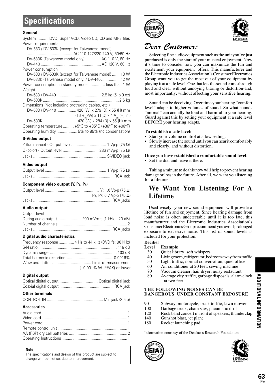 Specifications, We want you listening for a lifetime, Additional informa tion | Pioneer DV-440 User Manual | Page 63 / 64