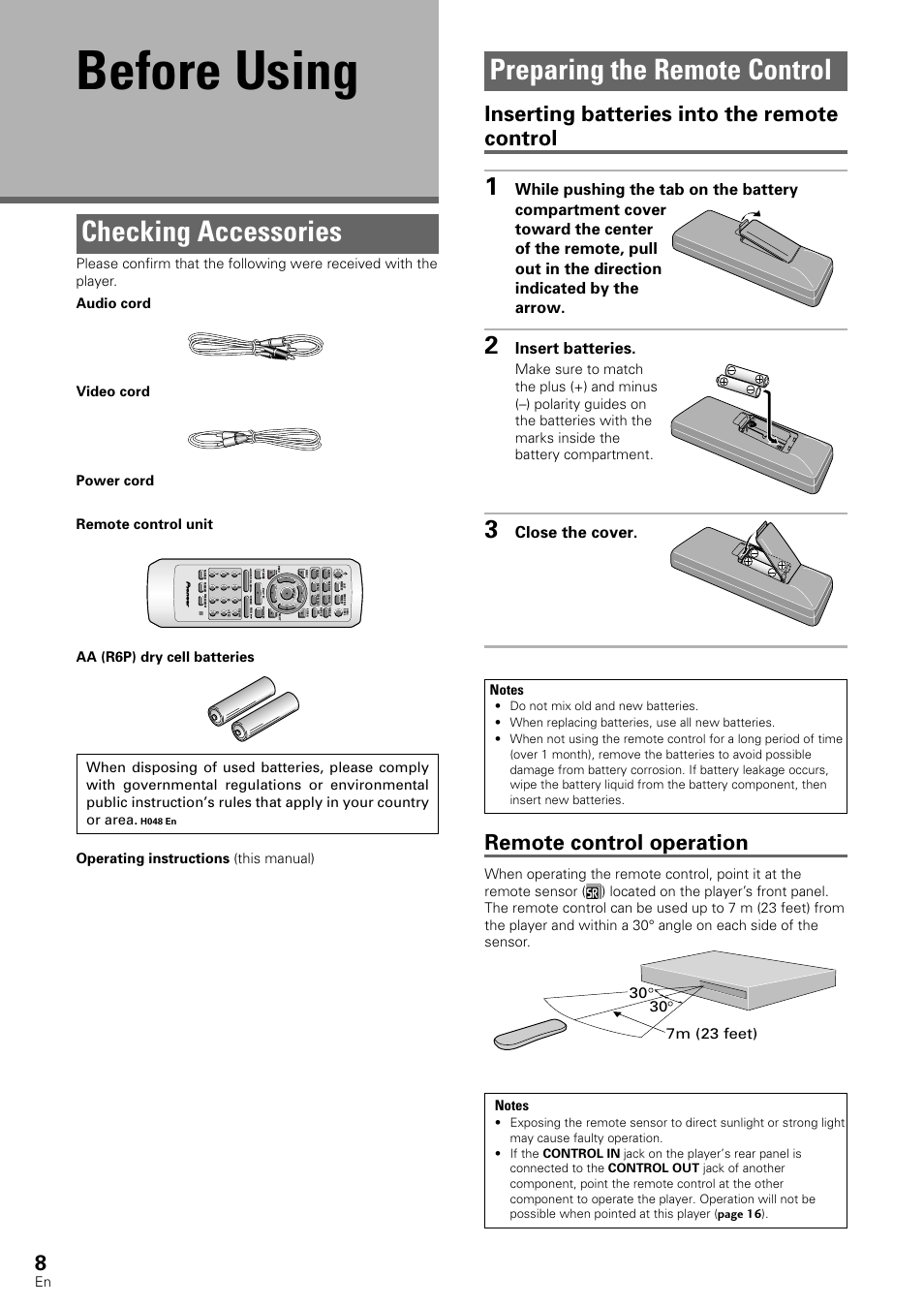 Before using, Checking accessories preparing the remote control, Preparing the remote control | Checking accessories, Inserting batteries into the remote control, Remote control operation, Insert batteries, Close the cover, Operating instructions (this manual) | Pioneer DV-440 User Manual | Page 8 / 64