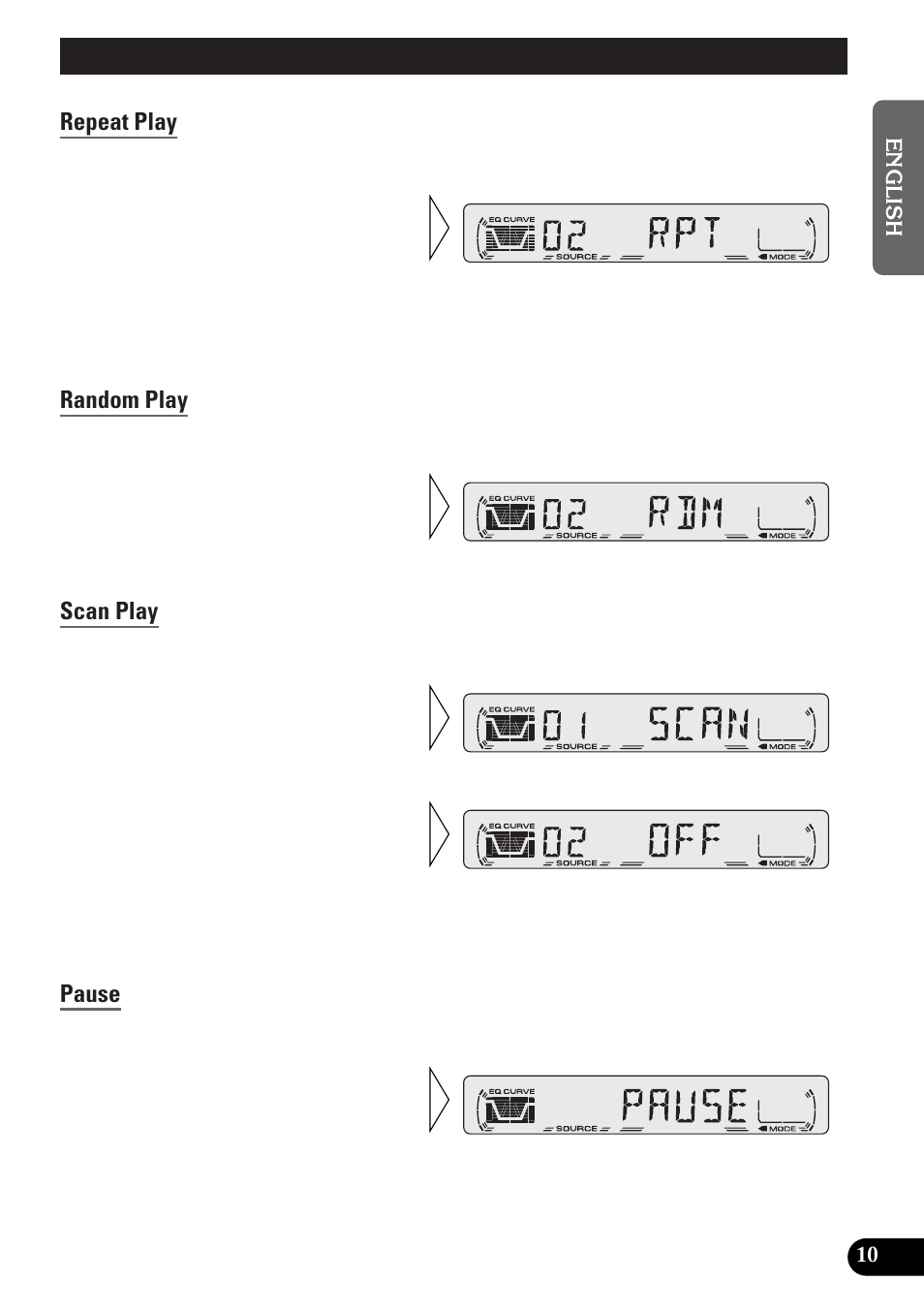 Using the built-in cd player, Repeat play, Random play | Scan play, Pause, A title (english) | Pioneer spec DEH-12 User Manual | Page 11 / 64