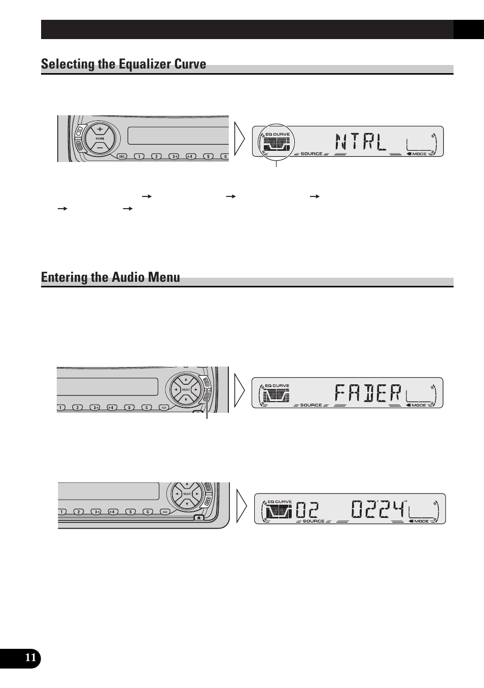 Audio adjustment, A title (english) audio adjustment, Selecting the equalizer curve | Entering the audio menu | Pioneer spec DEH-12 User Manual | Page 12 / 64