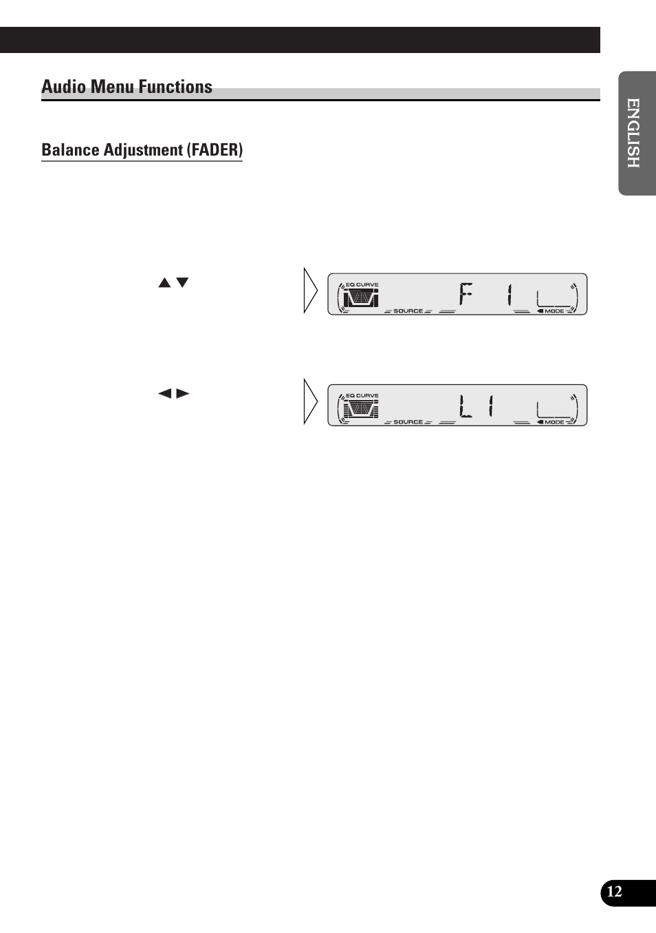 Audio menu functions, Balance adjustment (fader), A title (english) | Pioneer spec DEH-12 User Manual | Page 13 / 64