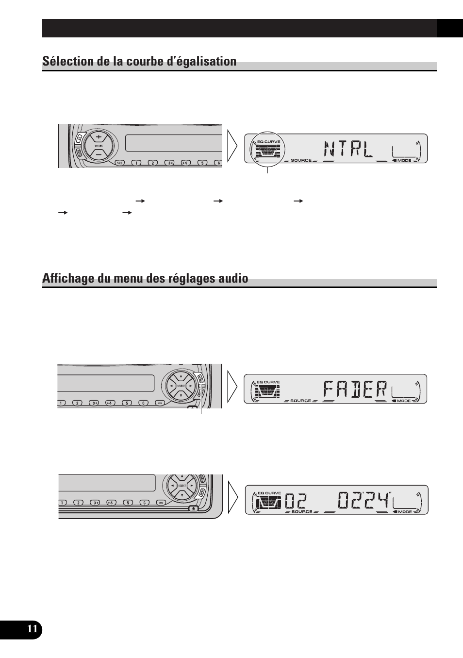 Réglage de la qualité audio, A title (english) réglage de la qualité audio, Sélection de la courbe d’égalisation | Affichage du menu des réglages audio | Pioneer spec DEH-12 User Manual | Page 32 / 64