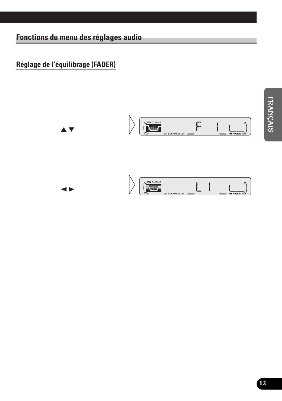 Fonctions du menu des réglages audio, Réglage de l’équilibrage (fader), A title (english) | Pioneer spec DEH-12 User Manual | Page 33 / 64