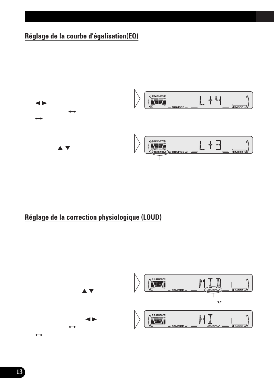 Réglage de la courbe d’égalisation (eq), Réglage de la correction physiologique (loud), Réglage de la qualité audio | Réglage de la courbe d’égalisation(eq) | Pioneer spec DEH-12 User Manual | Page 34 / 64