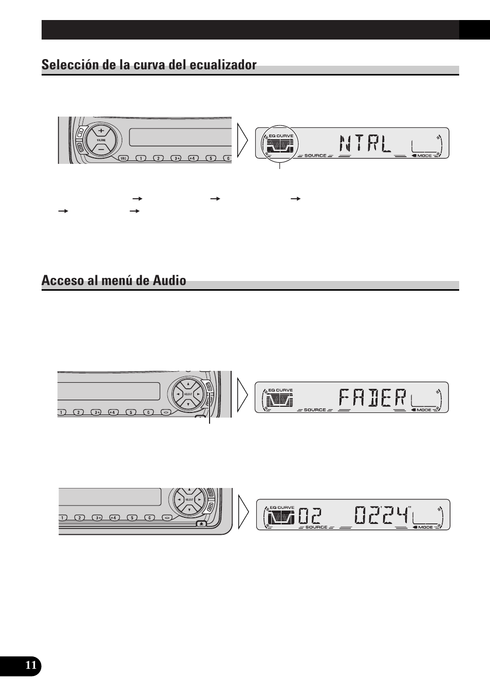 Ajuste de audio, A title (english) ajuste de audio, Selección de la curva del ecualizador | Acceso al menú de audio | Pioneer spec DEH-12 User Manual | Page 52 / 64