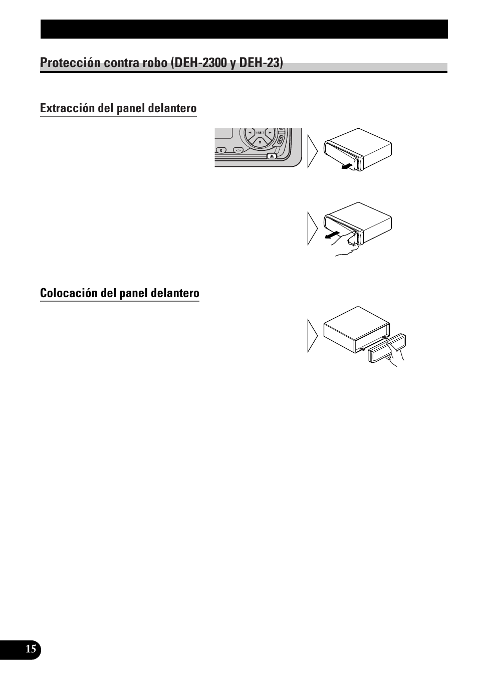 Extracción y colocación del panel, Delantero, Protección contra robo | Deh-2300 y deh-23), Extracción del panel delantero, Colocación del panel delantero, Extracción y colocación del panel delantero | Pioneer spec DEH-12 User Manual | Page 56 / 64