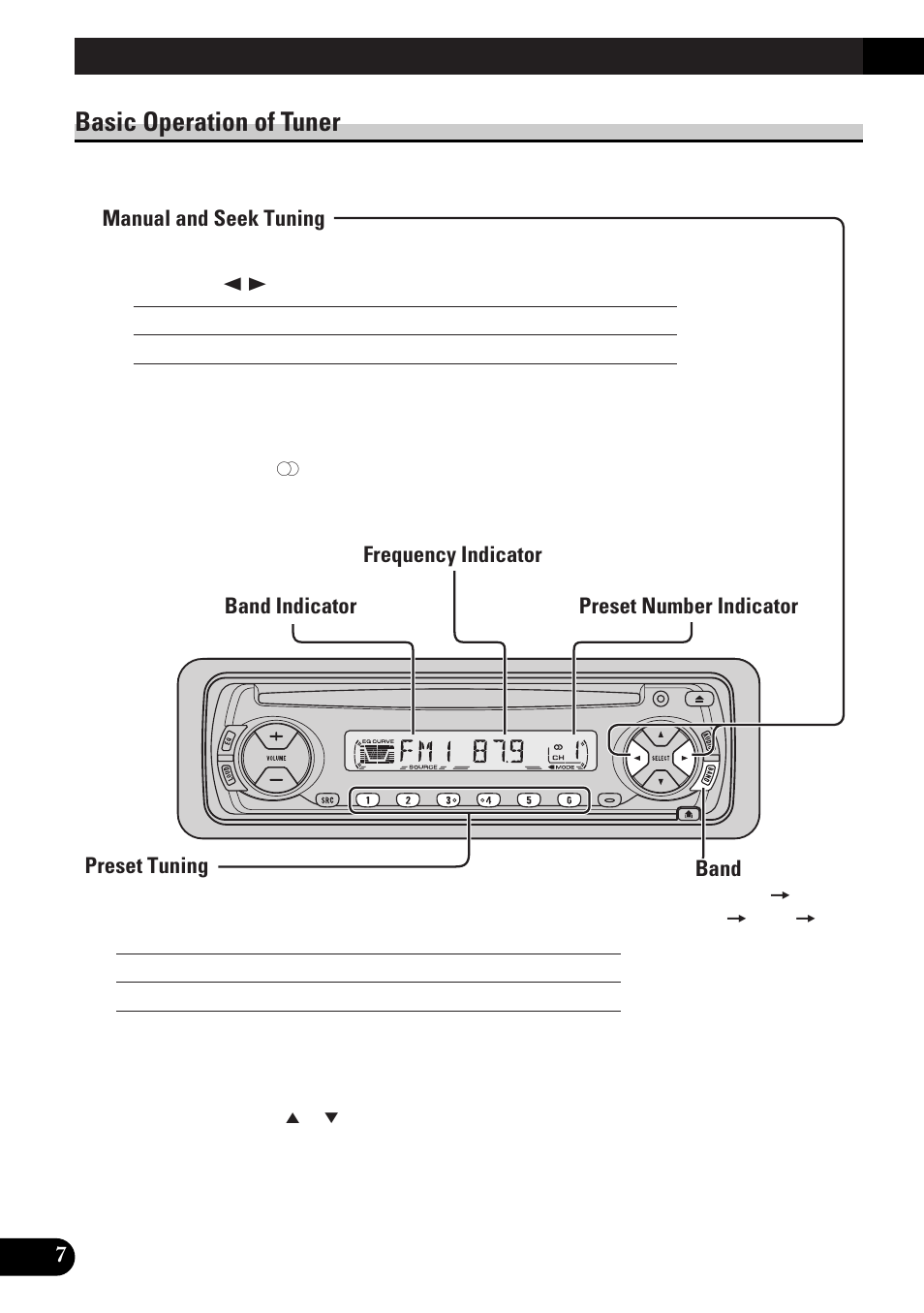 Basic operation of tuner, Manual and seek tuning, Preset tuning | Band, Basic operation | Pioneer spec DEH-12 User Manual | Page 8 / 64