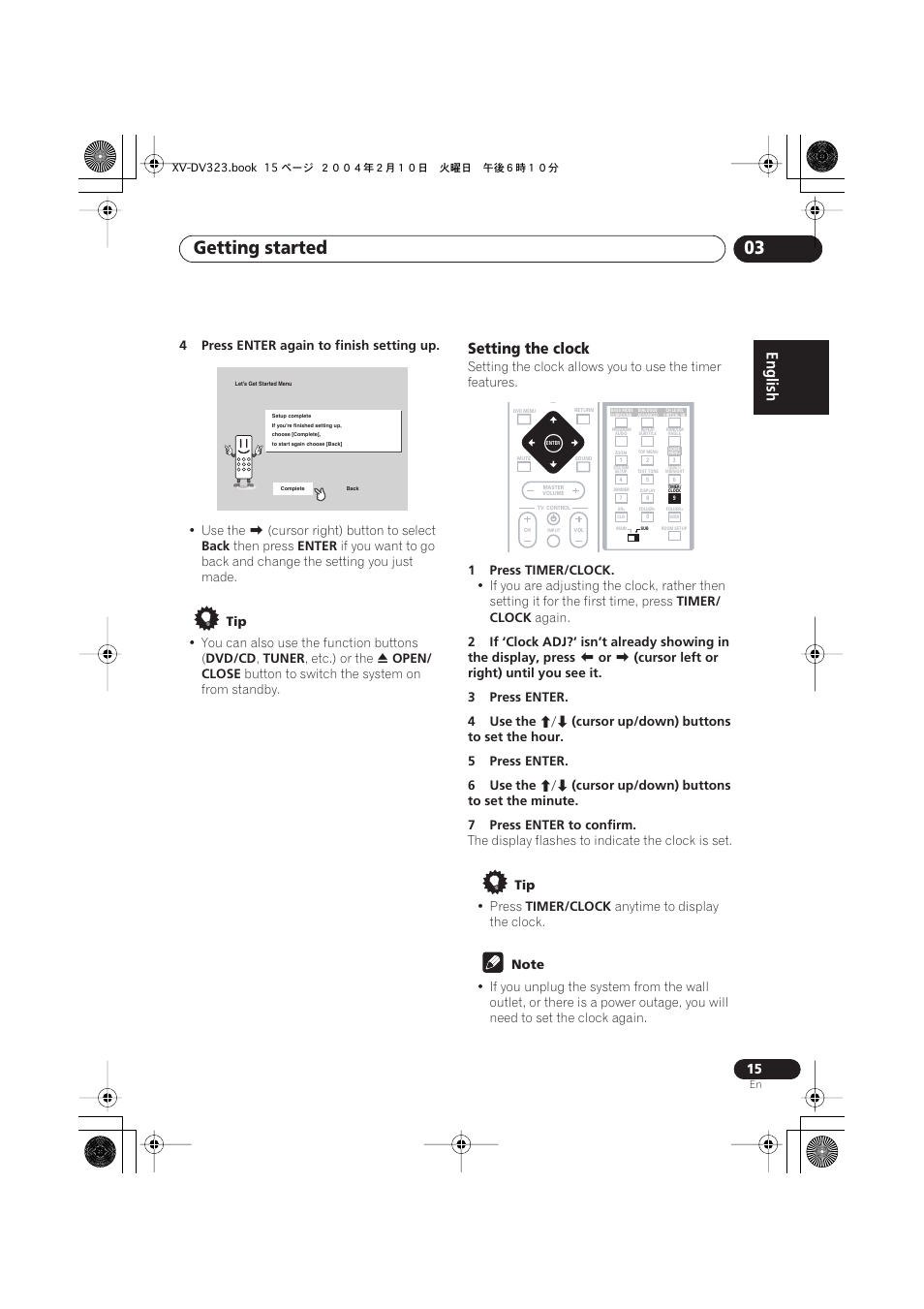 Setting the clock, Getting started 03 | Pioneer S-DV440 User Manual | Page 15 / 74