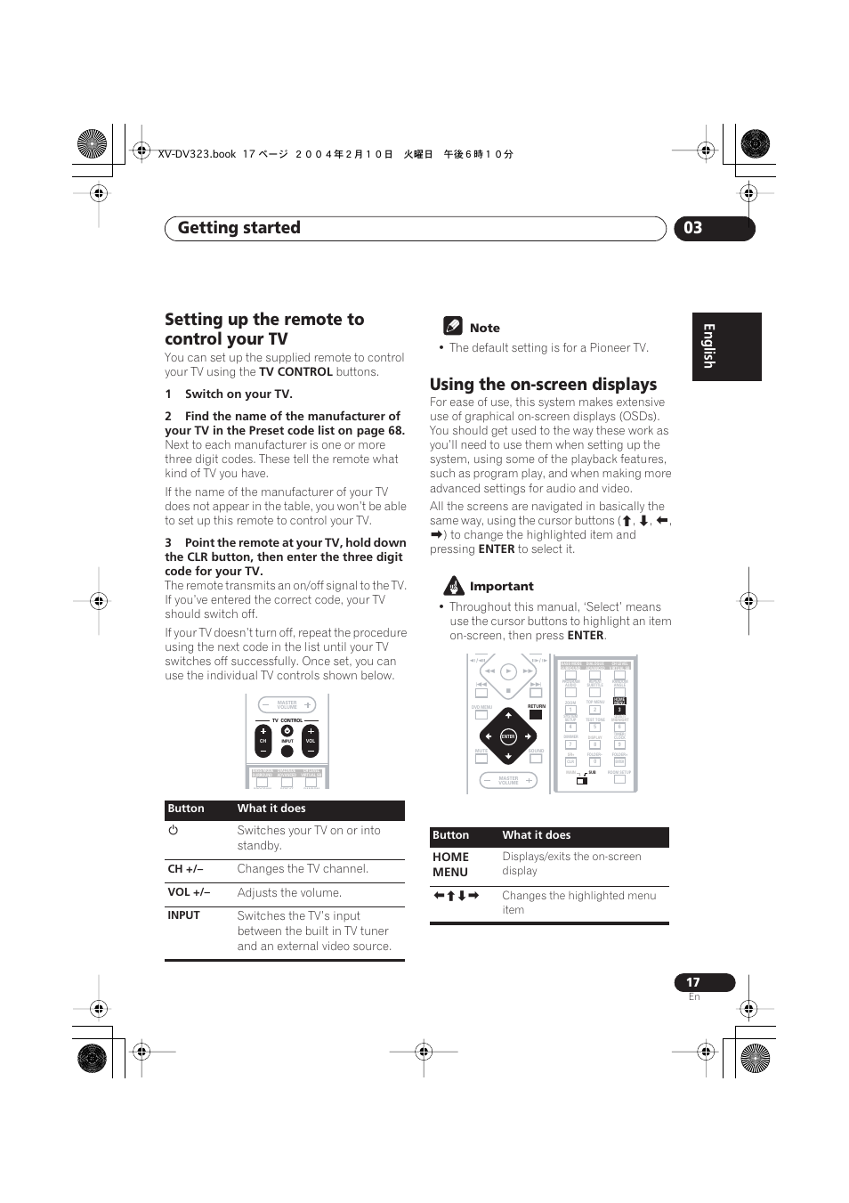 Setting up the remote to control your tv, Using the on-screen displays, Getting started 03 | Pioneer S-DV440 User Manual | Page 17 / 74