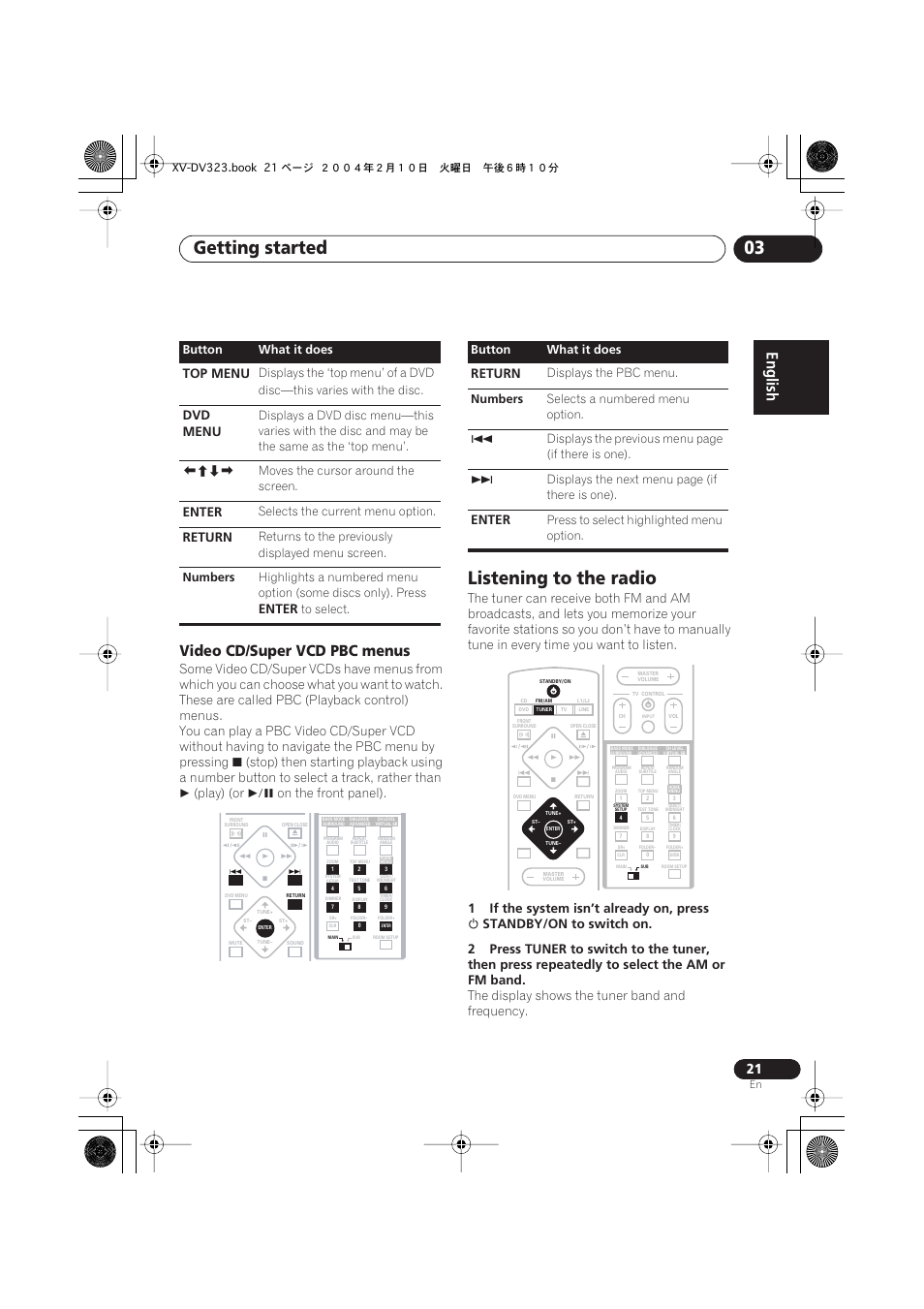 Video cd/super vcd pbc menus, Listening to the radio, Getting started 03 | Play) (or, On the front panel), 1if the system isn’t already on, press, The display shows the tuner band and frequency, Top menu, Dvd menu, Enter | Pioneer S-DV440 User Manual | Page 21 / 74