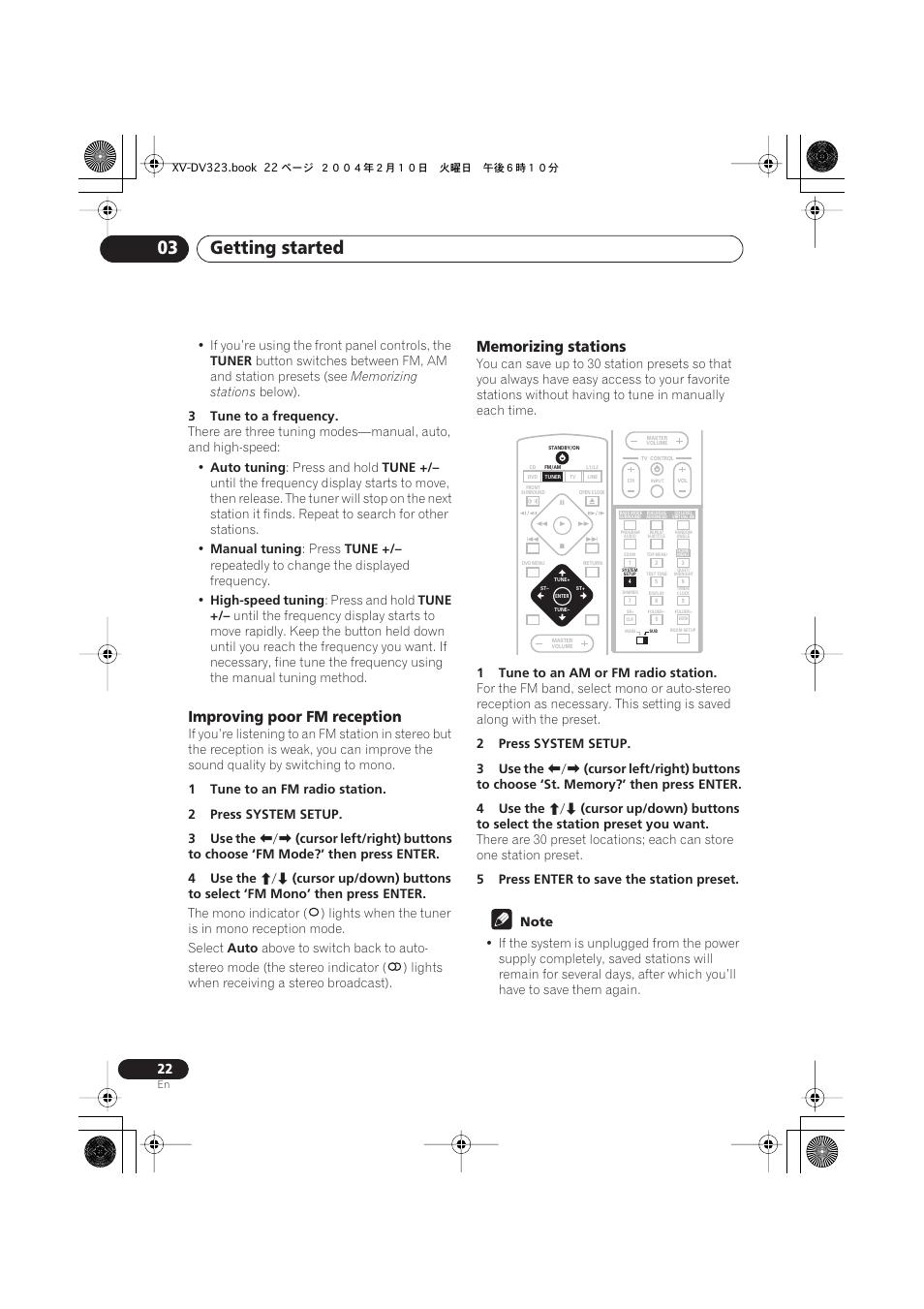 Improving poor fm reception, Memorizing stations, Getting started 03 | Pioneer S-DV440 User Manual | Page 22 / 74