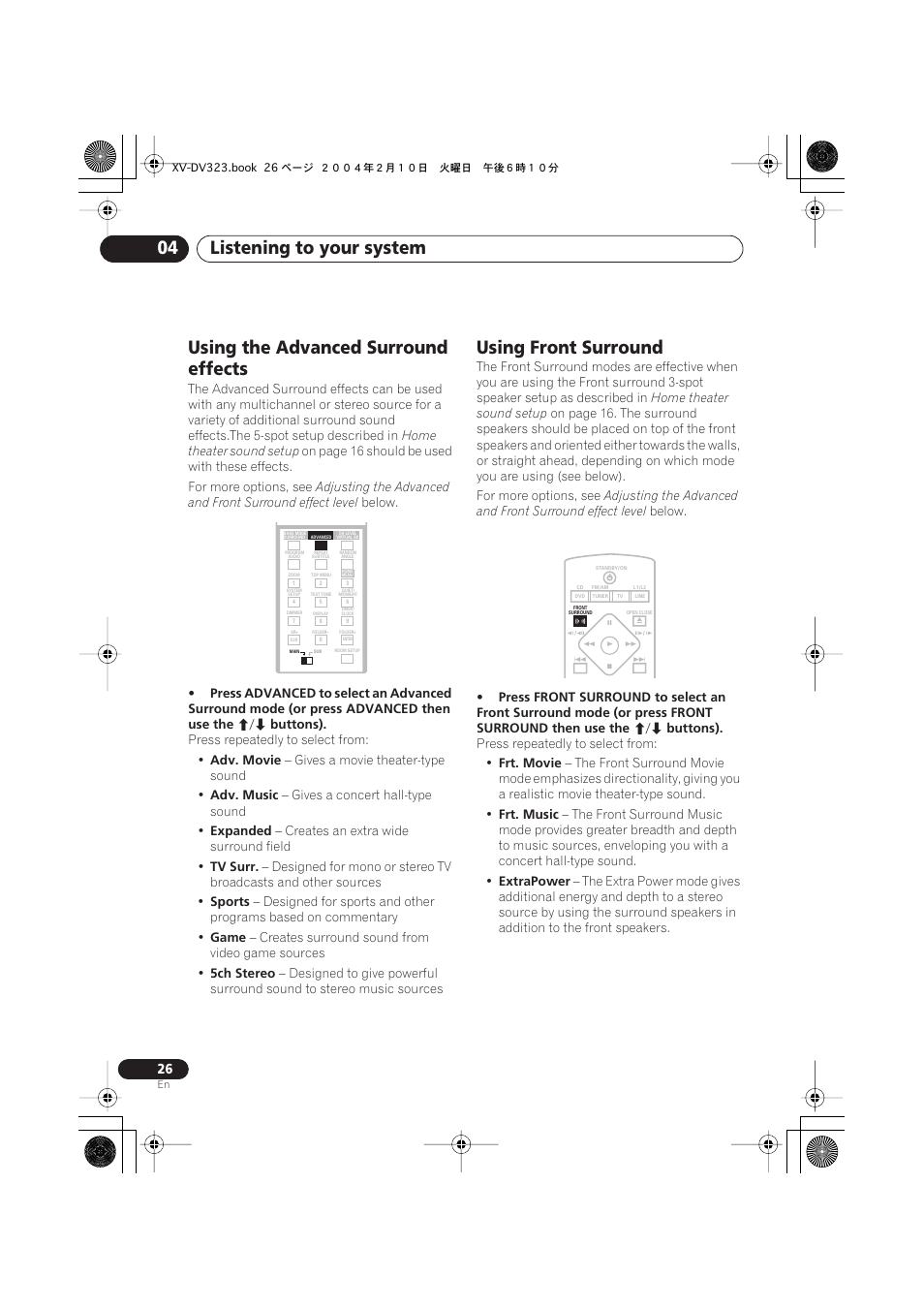 Using the advanced surround effects, Using front surround, Listening to your system 04 | Pioneer S-DV440 User Manual | Page 26 / 74