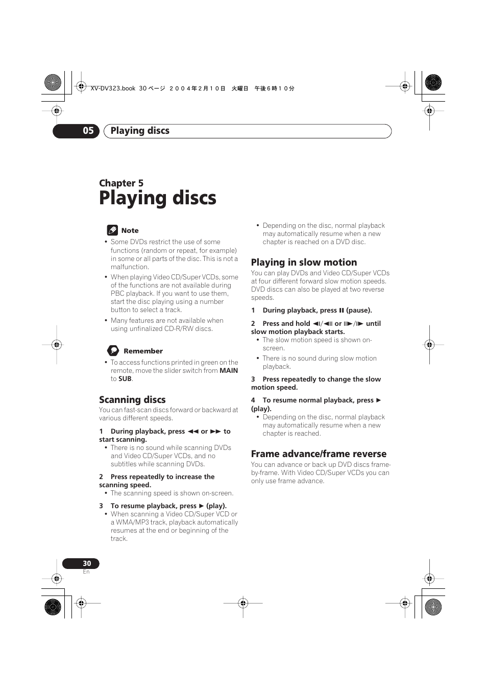 05 playing discs, Scanning discs, Playing in slow motion | Frame advance/frame reverse, Playing discs, Playing discs 05, Chapter 5 | Pioneer S-DV440 User Manual | Page 30 / 74