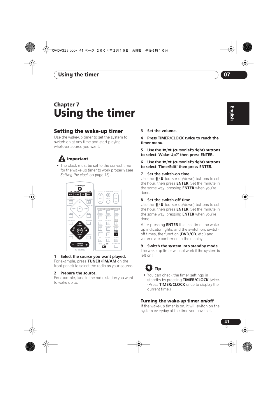 07 using the timer, Setting the wake-up timer, Turning the wake-up timer on/off | Using the timer, Using the timer 07, Chapter 7 | Pioneer S-DV440 User Manual | Page 41 / 74