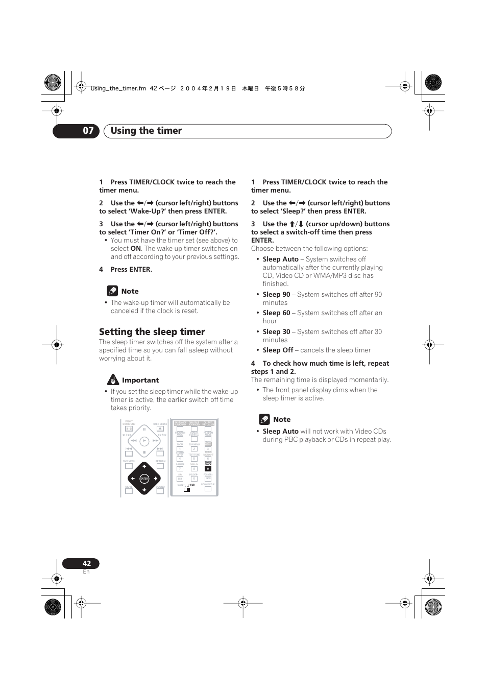 Setting the sleep timer, Using the timer 07 | Pioneer S-DV440 User Manual | Page 42 / 74