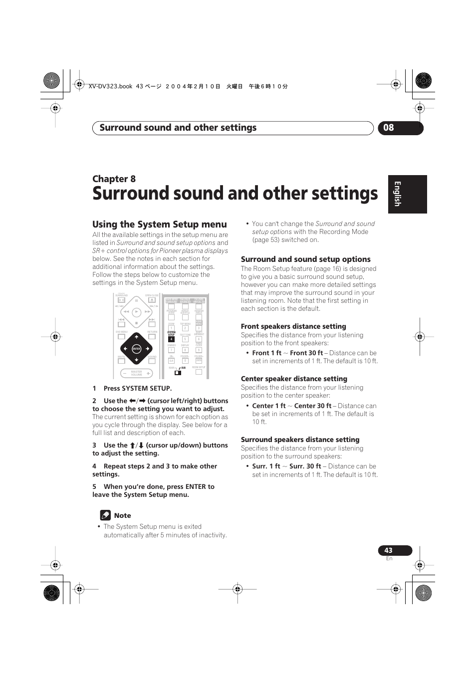 08 surround sound and other settings, Using the system setup menu, Surround and sound setup options | Surround sound and other settings, Surround sound and other settings 08, Chapter 8 | Pioneer S-DV440 User Manual | Page 43 / 74