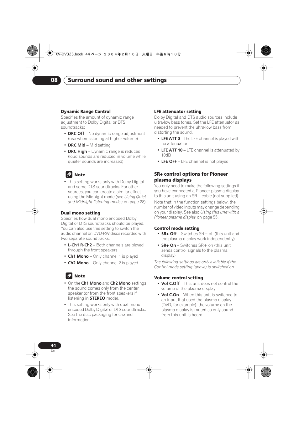 Sr+ control options for pioneer plasma displays, Surround sound and other settings 08 | Pioneer S-DV440 User Manual | Page 44 / 74