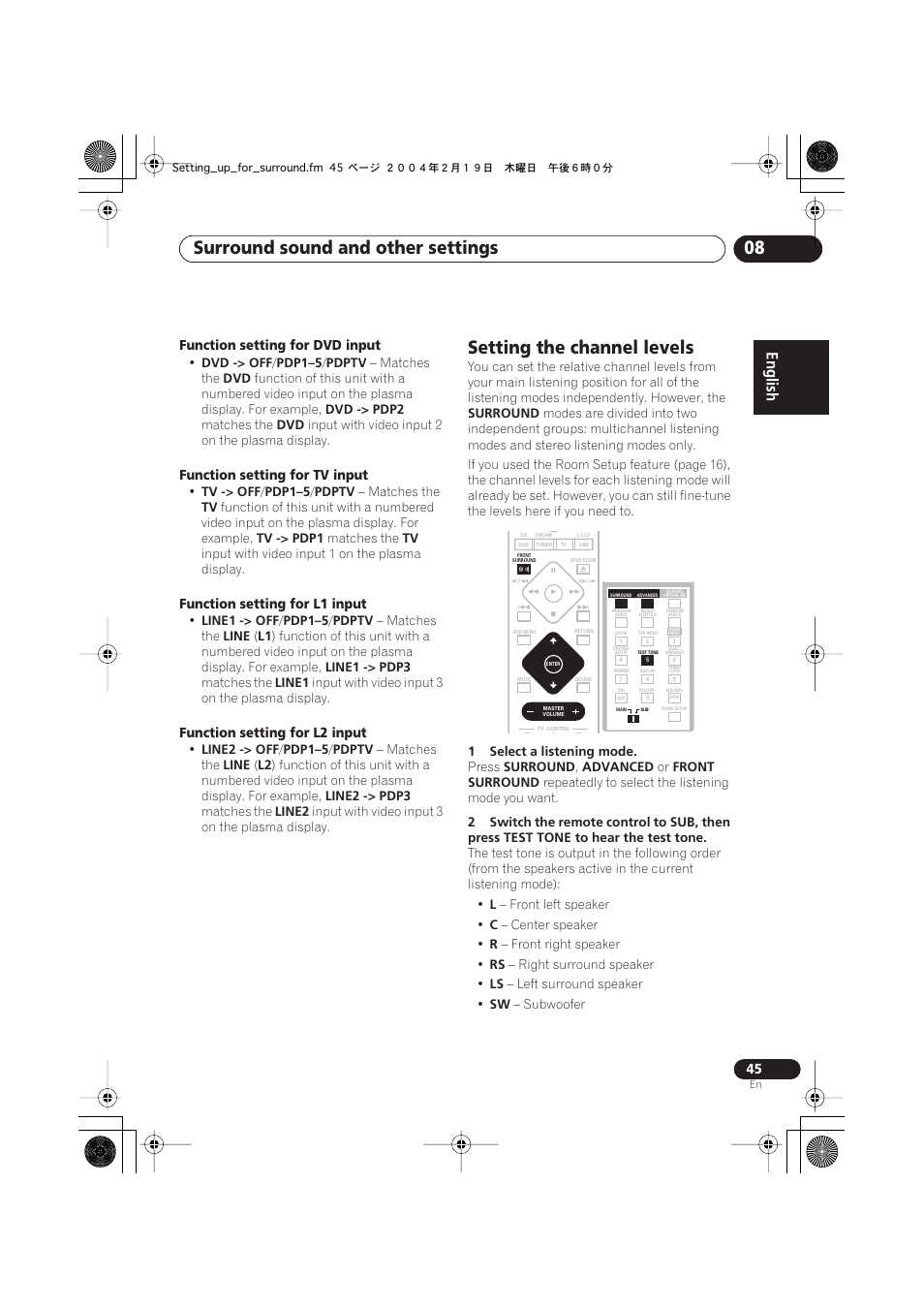 Setting the channel levels, Surround sound and other settings 08 | Pioneer S-DV440 User Manual | Page 45 / 74