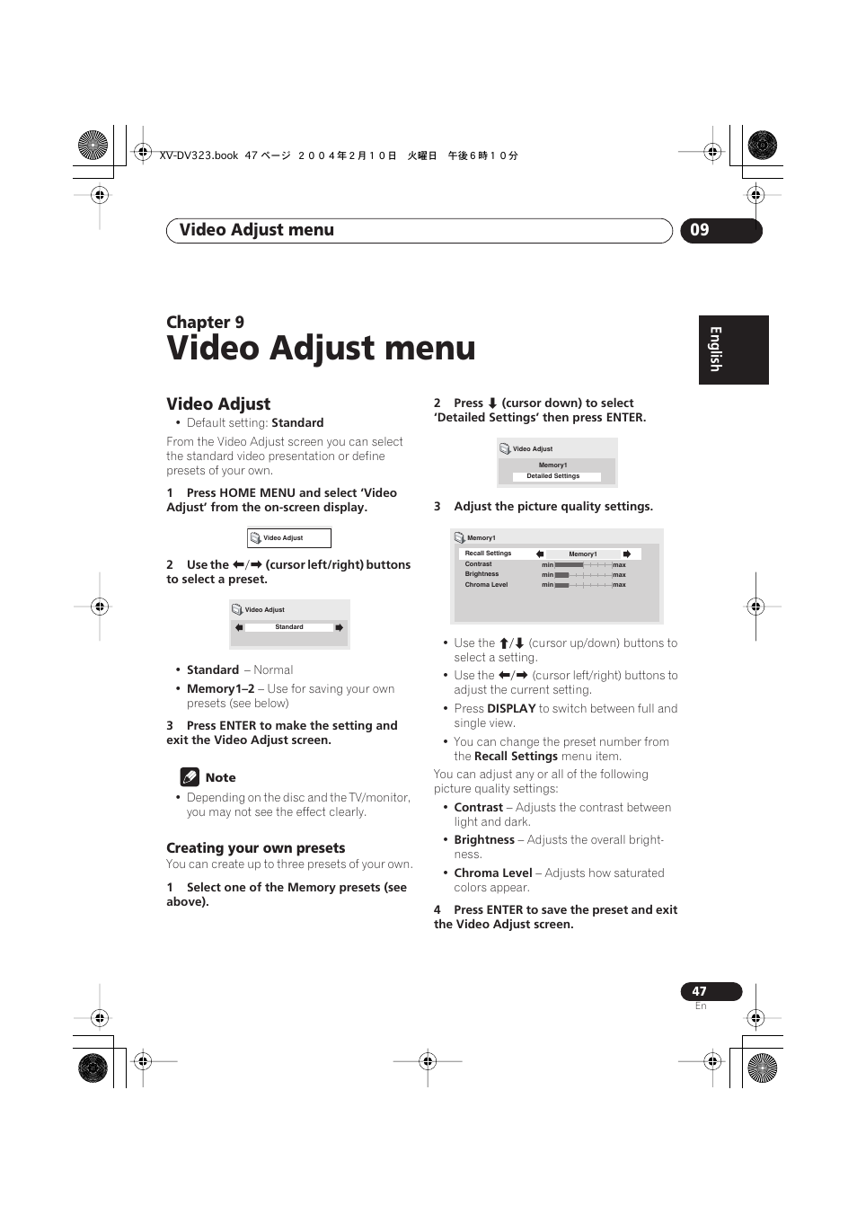 09 video adjust menu, Video adjust, Creating your own presets | Video adjust menu, Video adjust menu 09, Chapter 9 | Pioneer S-DV440 User Manual | Page 47 / 74