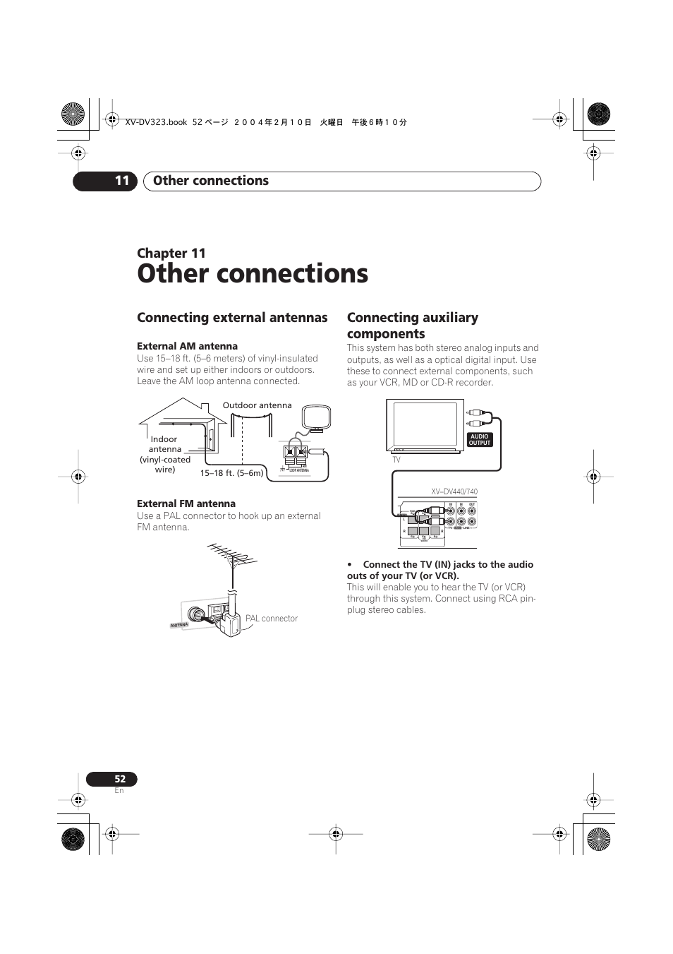 11 other connections, Connecting external antennas, Connecting auxiliary components | Other connections, Other connections 11, Chapter 11 | Pioneer S-DV440 User Manual | Page 52 / 74