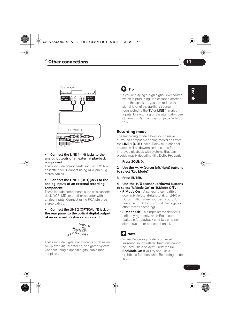 Recording mode, Other connections 11 | Pioneer S-DV440 User Manual | Page 53 / 74
