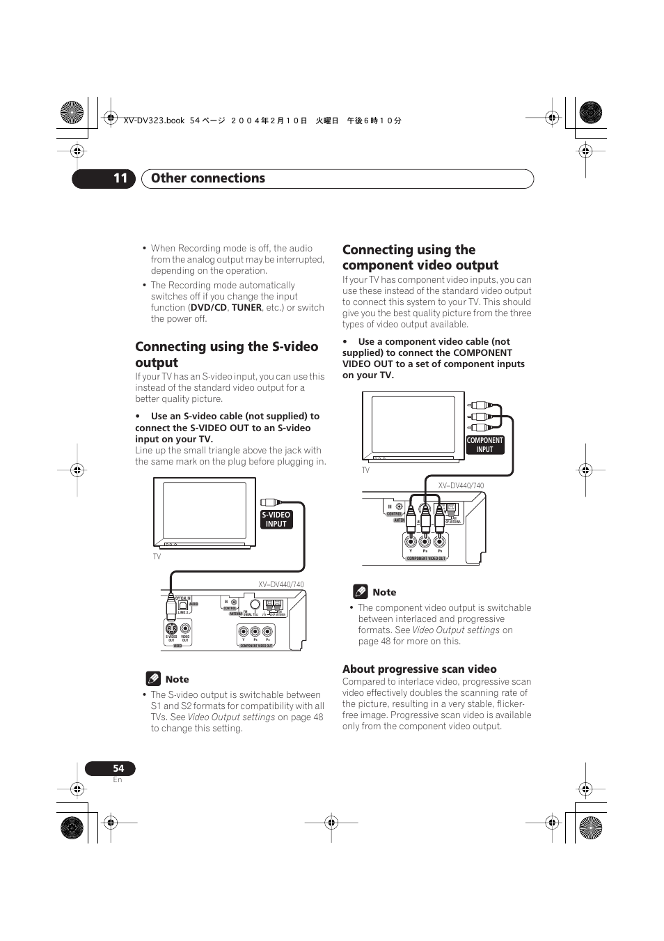 Connecting using the s-video output, Connecting using the component video output, About progressive scan video | Other connections 11 | Pioneer S-DV440 User Manual | Page 54 / 74