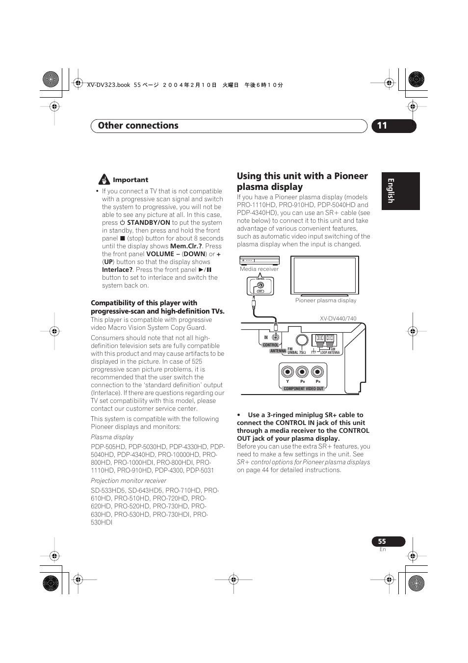Using this unit with a pioneer plasma display, Other connections 11 | Pioneer S-DV440 User Manual | Page 55 / 74