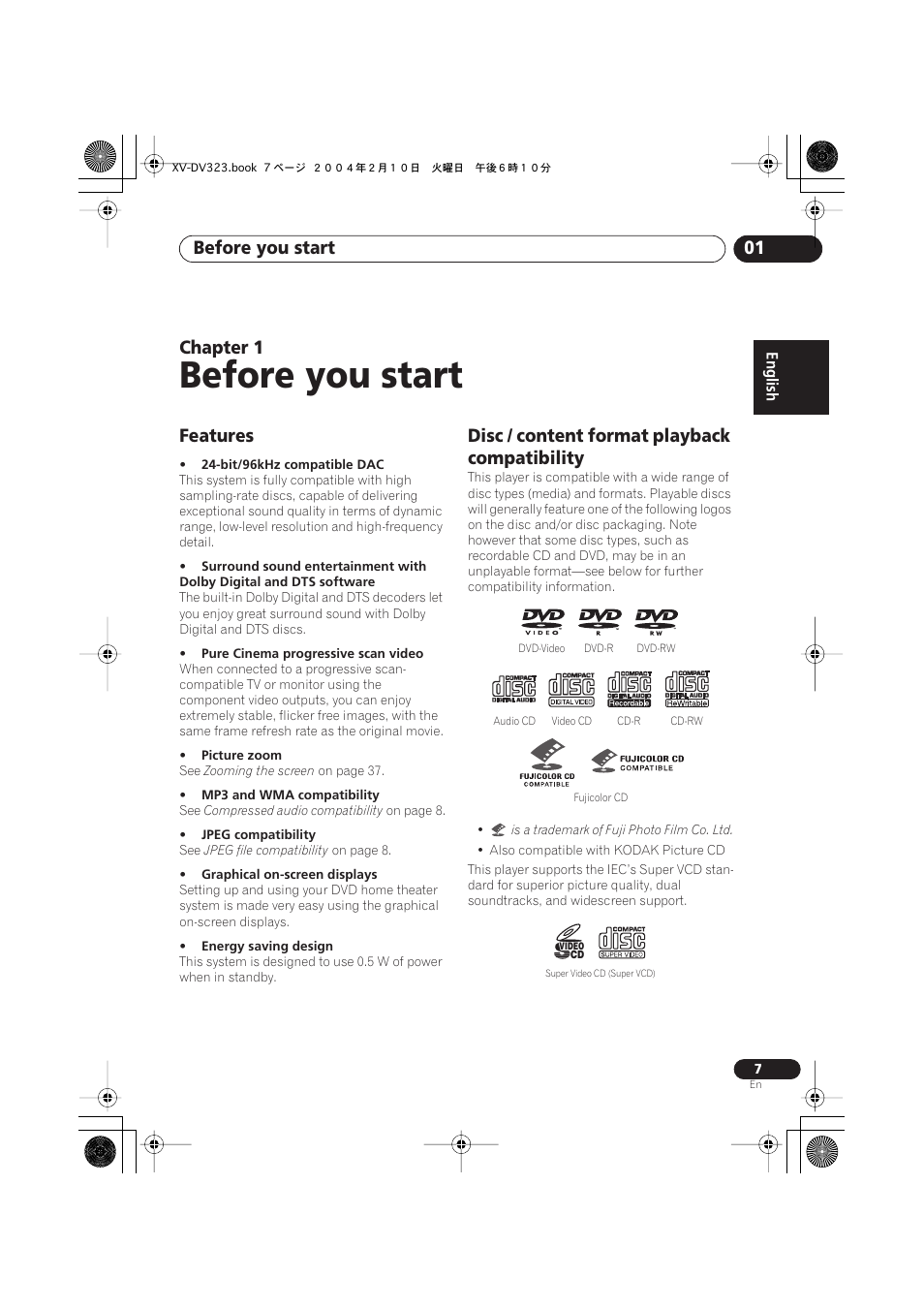 01 before you start, Features, Disc / content format playback compatibility | Before you start, Before you start 01, Chapter 1 | Pioneer S-DV440 User Manual | Page 7 / 74