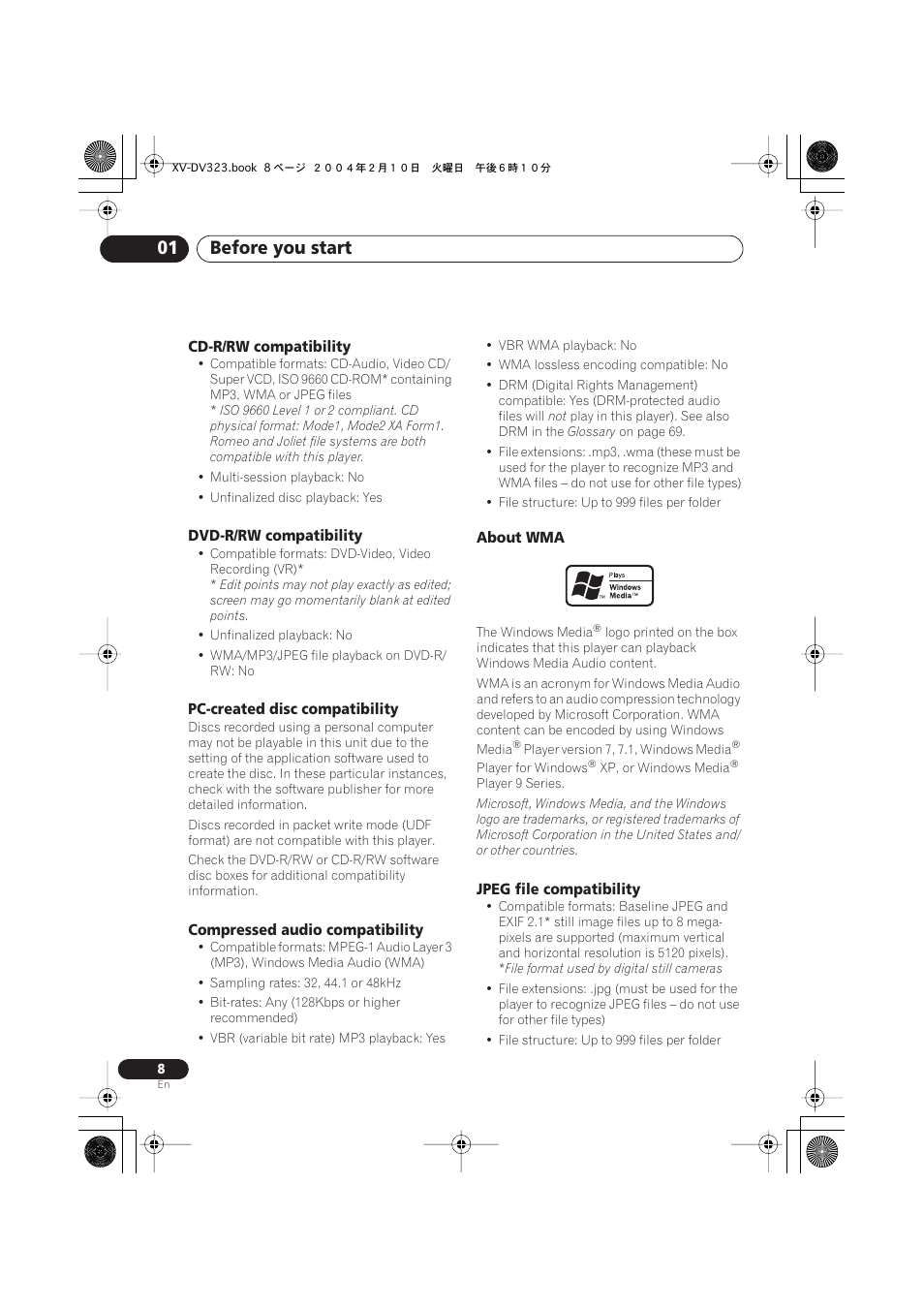 Cd-r/rw compatibility, Dvd-r/rw compatibility, Pc-created disc compatibility | Compressed audio compatibility, About wma, Jpeg file compatibility, Before you start 01 | Pioneer S-DV440 User Manual | Page 8 / 74