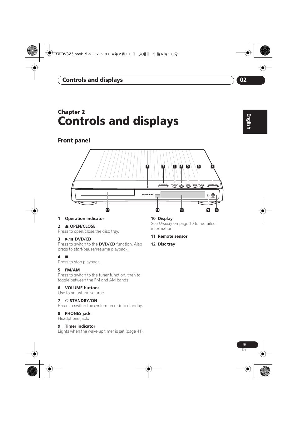 02 controls and displays, Front panel, Controls and displays | Controls and displays 02, Chapter 2 | Pioneer S-DV440 User Manual | Page 9 / 74