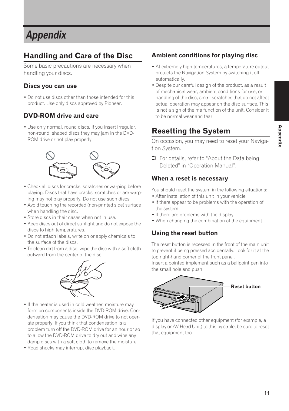 Appendix, Handling and care of the disc, Resetting the system | Pioneer AVIC-88DVD User Manual | Page 13 / 15