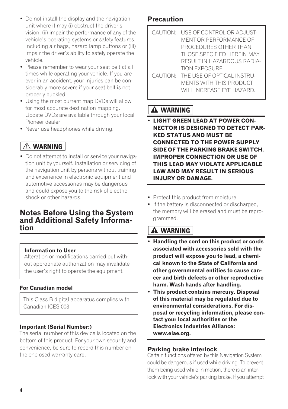 Notes before using the system and additional, Safety information, Precaution | Pioneer AVIC-88DVD User Manual | Page 6 / 15