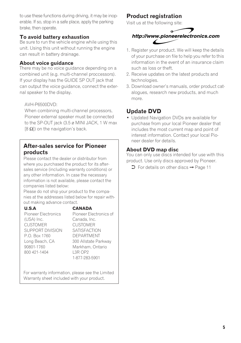 After-sales service for pioneer products, Product registration, Update dvd | Pioneer AVIC-88DVD User Manual | Page 7 / 15