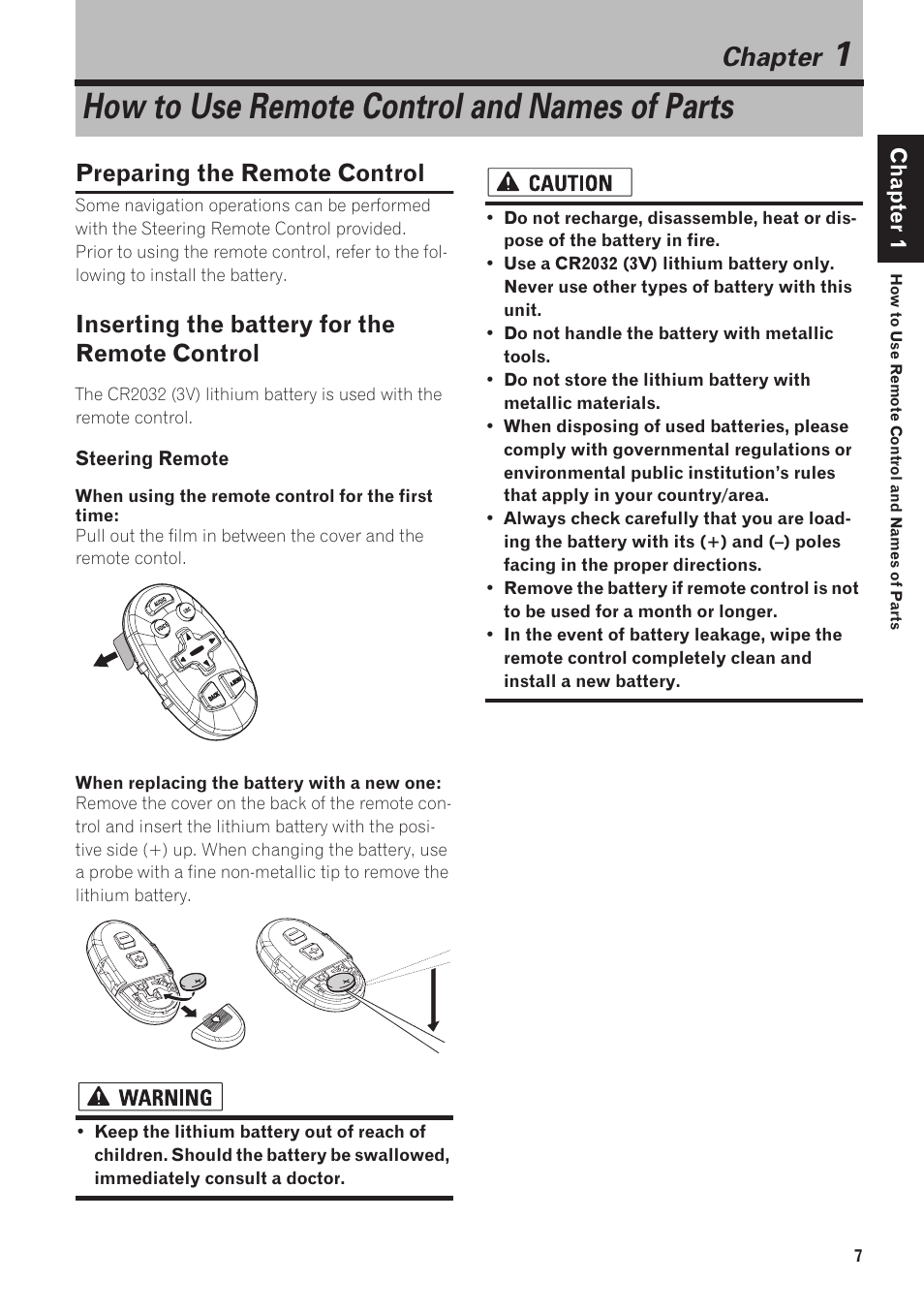 Chapter 1, How to use remote control and names of parts, Preparing the remote control | Inserting the battery for the remote control, Chapter | Pioneer AVIC-88DVD User Manual | Page 9 / 15