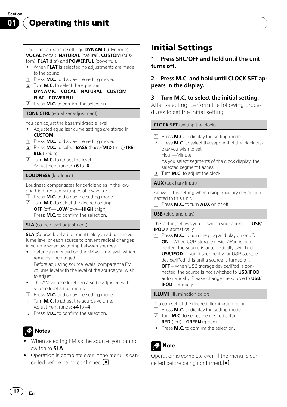 Initial settings, Operating this unit | Pioneer DEH-2200UB User Manual | Page 12 / 75