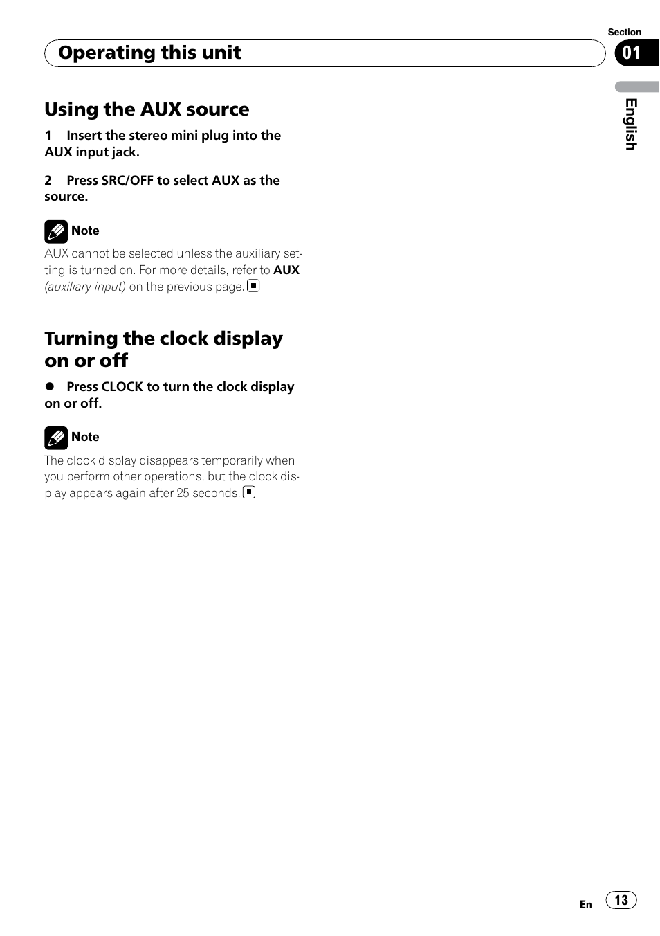 Using the aux source, Turning the clock display on or off, Operating this unit | Pioneer DEH-2200UB User Manual | Page 13 / 75