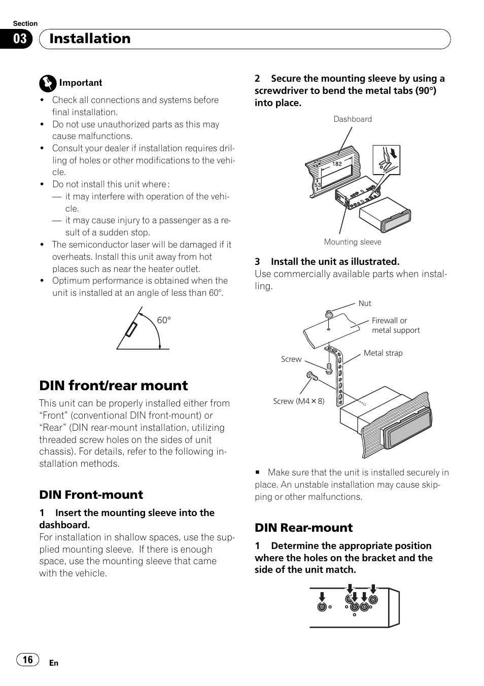 Din front/rear mount, Installation, Din front-mount | Din rear-mount | Pioneer DEH-2200UB User Manual | Page 16 / 75