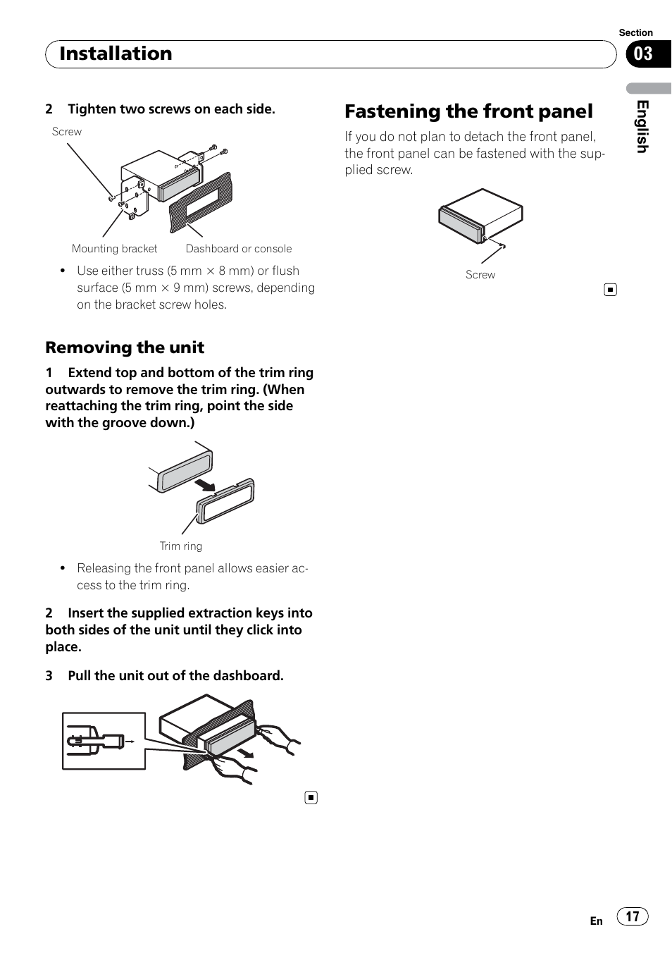 Fastening the front panel, Installation, Removing the unit | Pioneer DEH-2200UB User Manual | Page 17 / 75